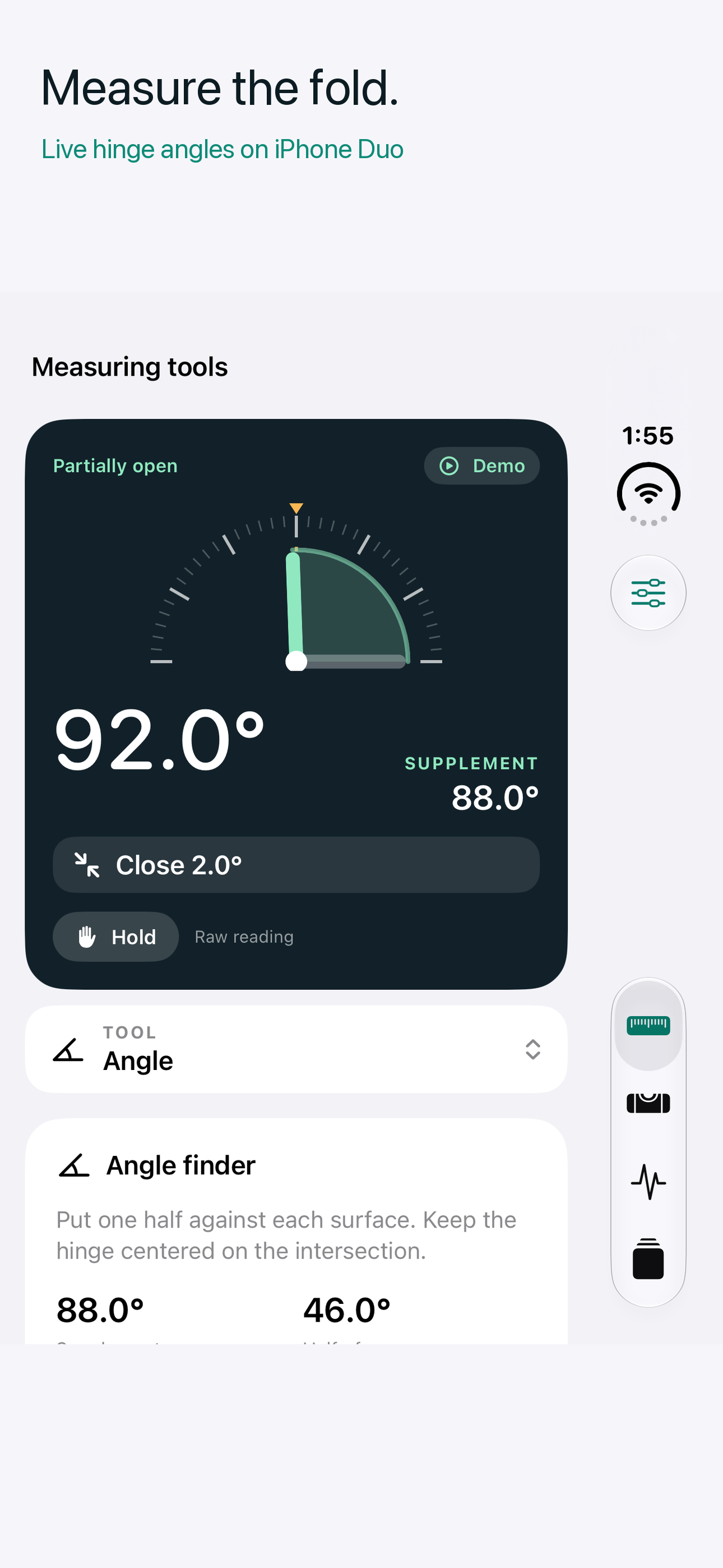 Angle finder showing a 92-degree demo reading and target guidance