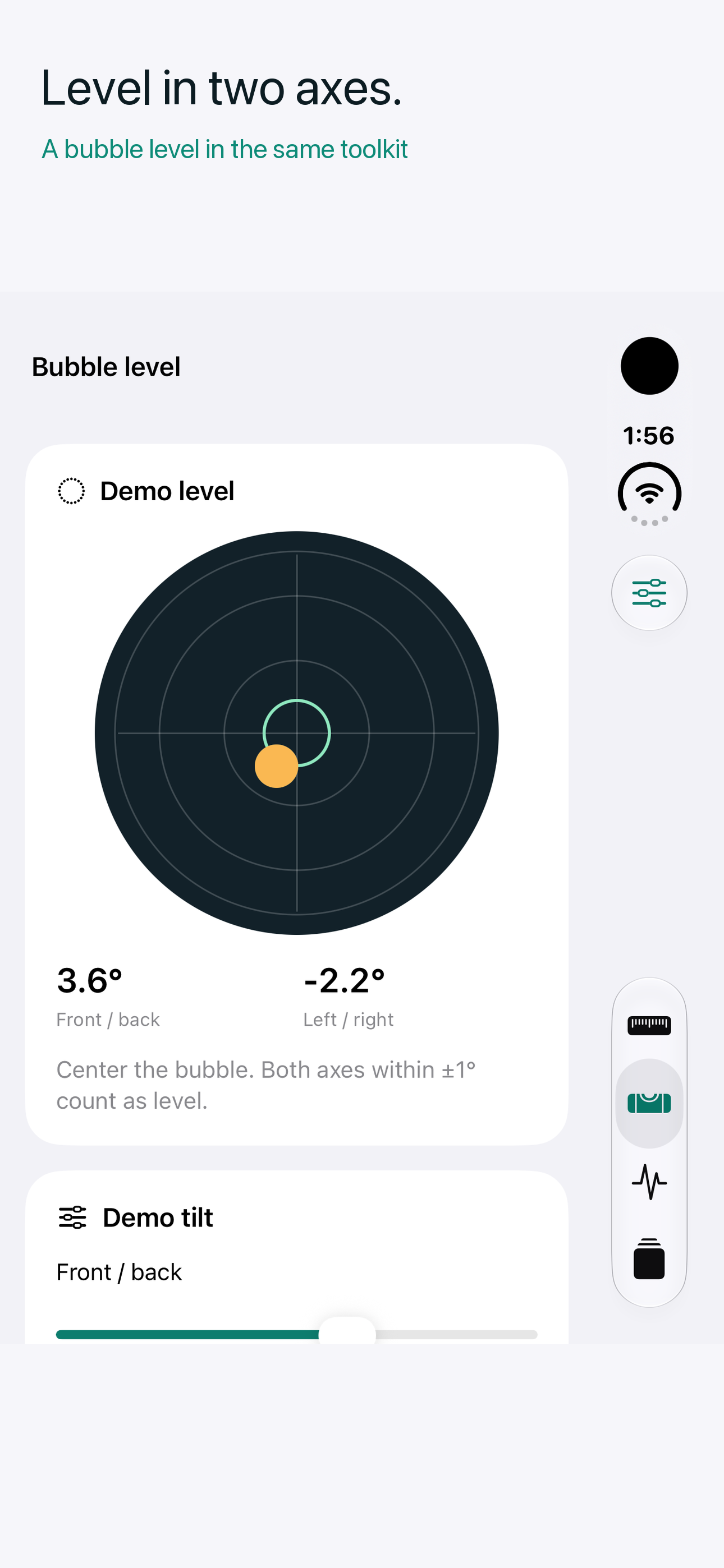 Bubble level with labeled demo tilt